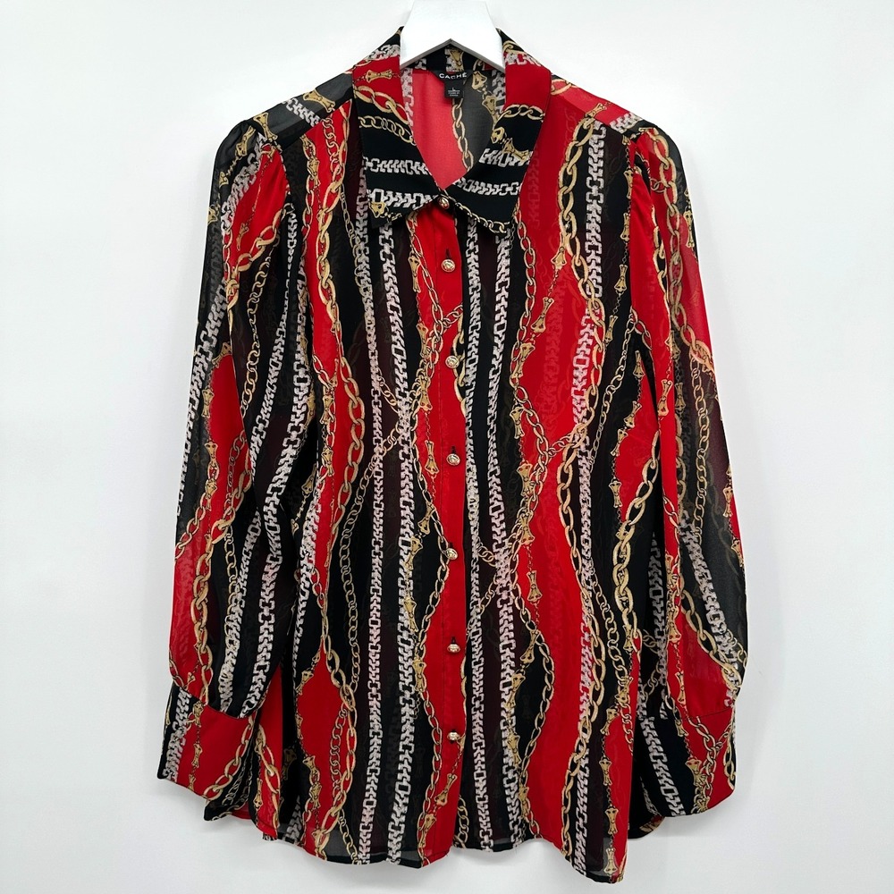 Vintage‎ 90s Cache Top Shirt Blouse Large Sheer Baroque Regency Chain Bridgerton